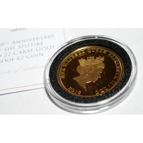 99 - 22ct gold £2 coin, 80th anniversary of the Spitfire. Weight 16g. Proof struck, cased with certificat... 