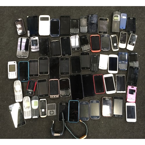 165 - A collection of various mobile phones, iPods and smart watches.