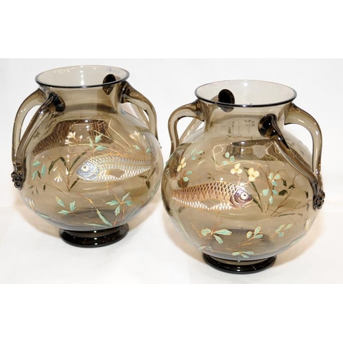 261 - Rare antique Moser Harrach glass pair of bowls with applied enamel fish detail. In excellent undamag... 