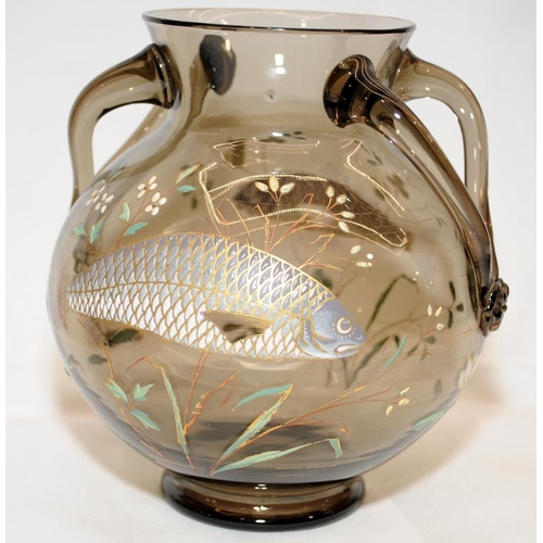 261 - Rare antique Moser Harrach glass pair of bowls with applied enamel fish detail. In excellent undamag... 