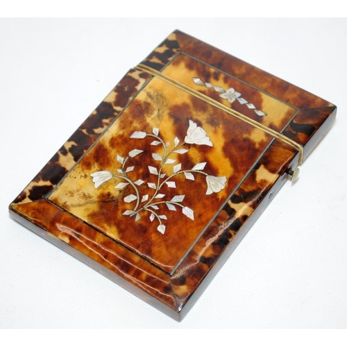 272 - Antique tortoiseshell card case with MOP inlay. 10.5cms x 7.5cms. Hinge attached but a little loose.... 