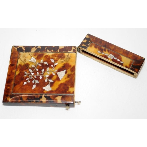 272 - Antique tortoiseshell card case with MOP inlay. 10.5cms x 7.5cms. Hinge attached but a little loose.... 