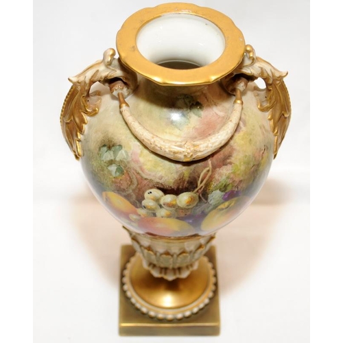 275 - Antique Royal Worcester blush ivory pedestal vase with gilded accents featuring hand painted fruits.... 