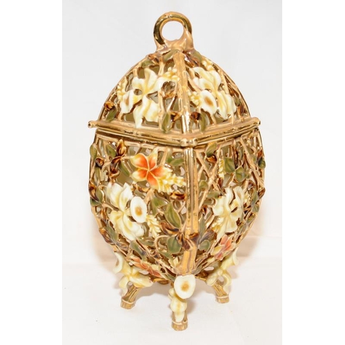 277 - Antique possibly Royal Worcester gilded ivory blush lidded jar, pierced throughout and embellished w... 