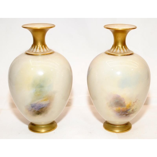 279 - Pair of antique Royal Worcester blush ivory vases with gilded accents featuring hand painted scenes ... 