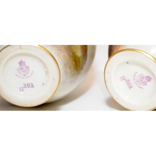 279 - Pair of antique Royal Worcester blush ivory vases with gilded accents featuring hand painted scenes ... 