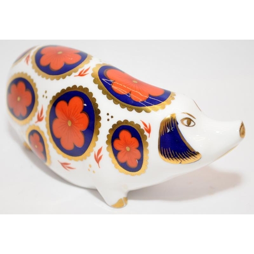 298 - Royal Crown Derby pig paperweight. Silver stopper (cab)