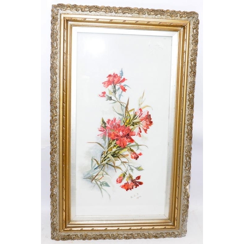 326 - A pair of antique framed oils on porcelain depicting floral sprays. Dated and signed A.L.T.. Frame s... 