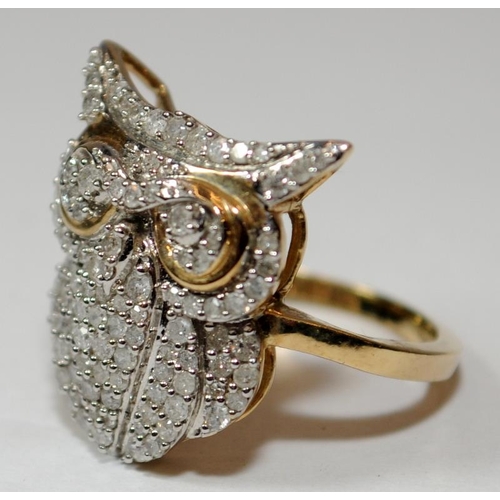 422 - Diamond owl 9ct gold ring Size L