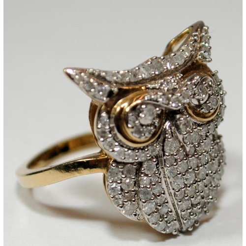 422 - Diamond owl 9ct gold ring Size L