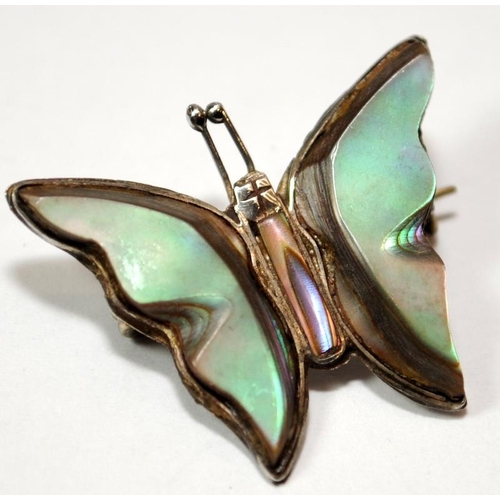 407 - Vintage paua shell silver bracelet and butterfly brooch.