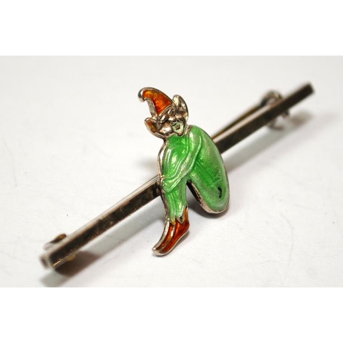 408 - Art Deco Bernard Instone enameled silver pixie bar brooch.