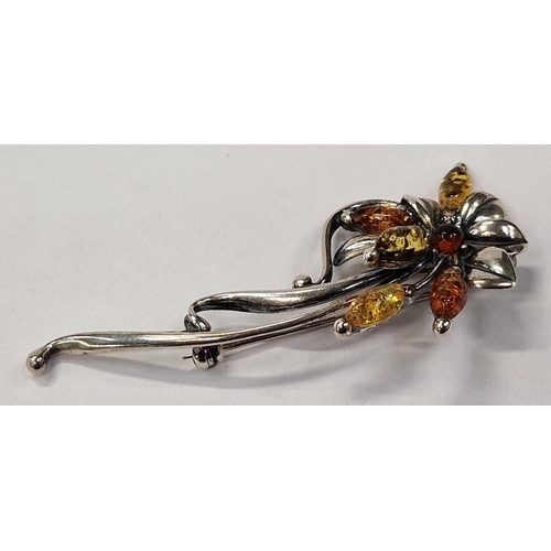 383 - A tri-coloured Baltic amber 925 silver floral brooch.