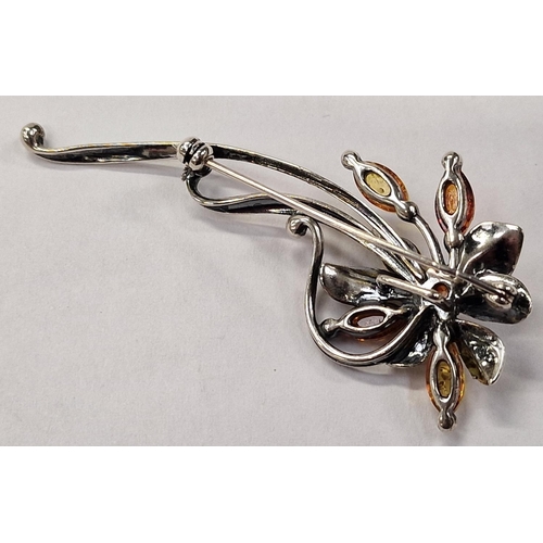 383 - A tri-coloured Baltic amber 925 silver floral brooch.