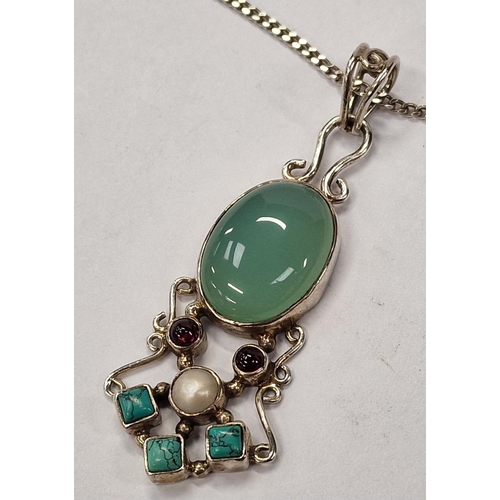 391 - Large Jade/turquoise/Garnet 925 silver pendant.