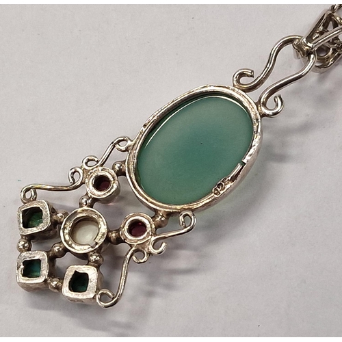 391 - Large Jade/turquoise/Garnet 925 silver pendant.