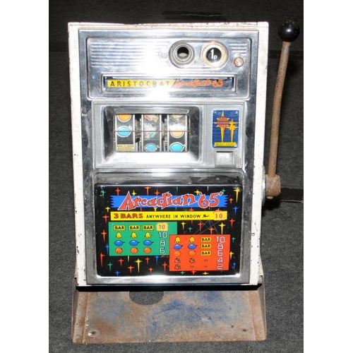 1 - Aristocrat Arcadian 65 coin operated one armed bandit. Handle operates wheels but further investigat... 