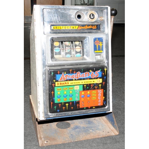 1 - Aristocrat Arcadian 65 coin operated one armed bandit. Handle operates wheels but further investigat... 