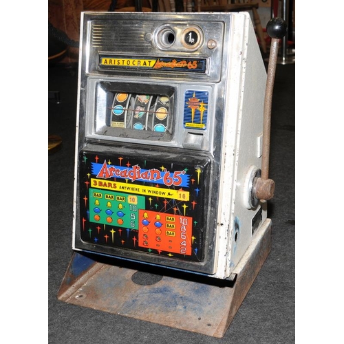 1 - Aristocrat Arcadian 65 coin operated one armed bandit. Handle operates wheels but further investigat... 