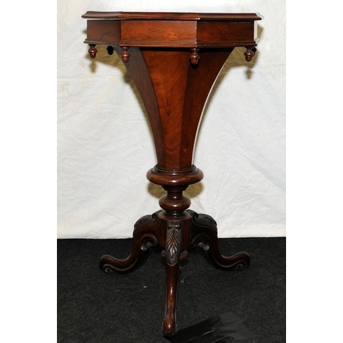 2 - Victorian heptagonal top mahogany sewing box in trumpet form with fitted interior on cabriole legs d... 