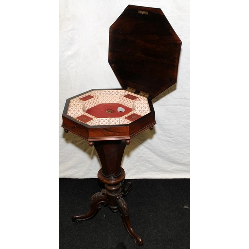 2 - Victorian heptagonal top mahogany sewing box in trumpet form with fitted interior on cabriole legs d... 