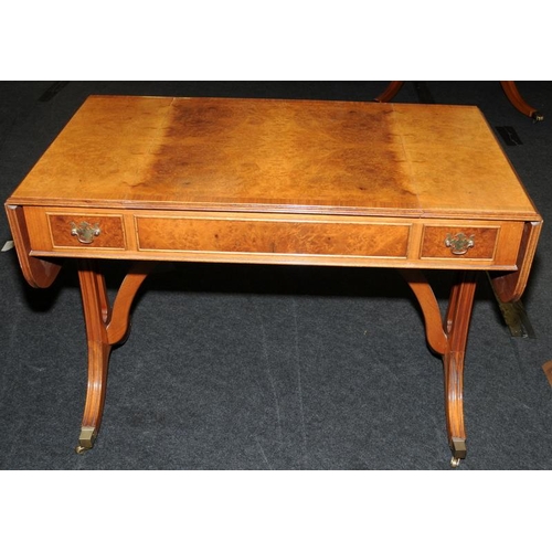 5 - Quality walnut veneer sofa/games table with extending drop sides. On outswept reeded legs with brass... 