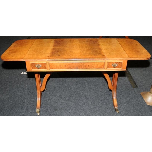 5 - Quality walnut veneer sofa/games table with extending drop sides. On outswept reeded legs with brass... 