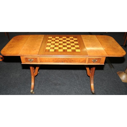 5 - Quality walnut veneer sofa/games table with extending drop sides. On outswept reeded legs with brass... 