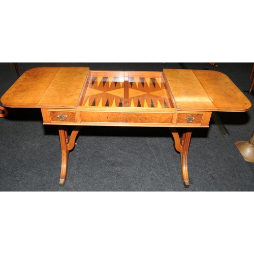 5 - Quality walnut veneer sofa/games table with extending drop sides. On outswept reeded legs with brass... 