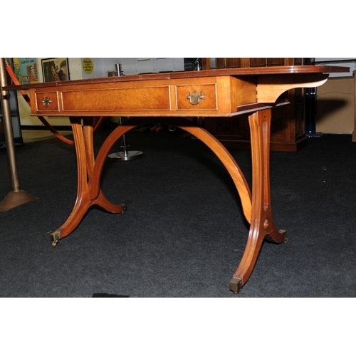 5 - Quality walnut veneer sofa/games table with extending drop sides. On outswept reeded legs with brass... 