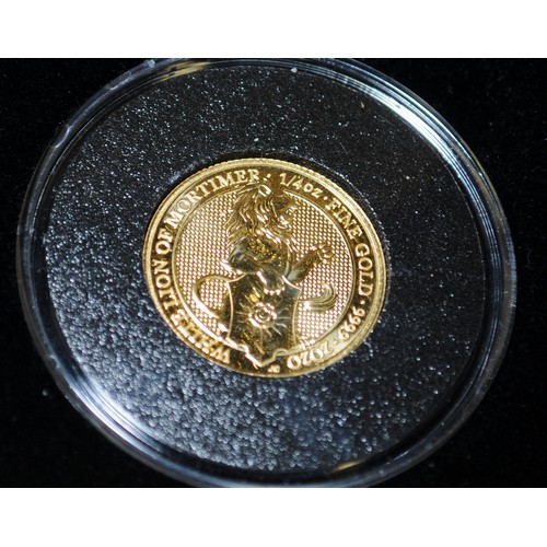 93 - .999/1000 fine gold 1/4oz Queens Beasts gold coin. Cased with certificate. Limited edition of 499