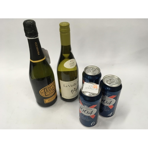 164 - Three cans of lager, bottle of Prosecco and a bottle of white wine.(67, 9)