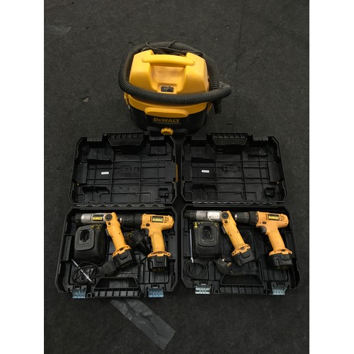 400 - Two cased DeWalt battery drill sets together with a DeWalt vacuum cleaner (H4).