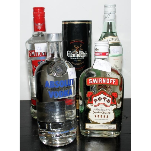 29 - 35cl bottle Glenfiddich Special Reserve, 70cl bottle Bacardi, 70cl & 35cl bottles of Smirnoff Vodka ... 