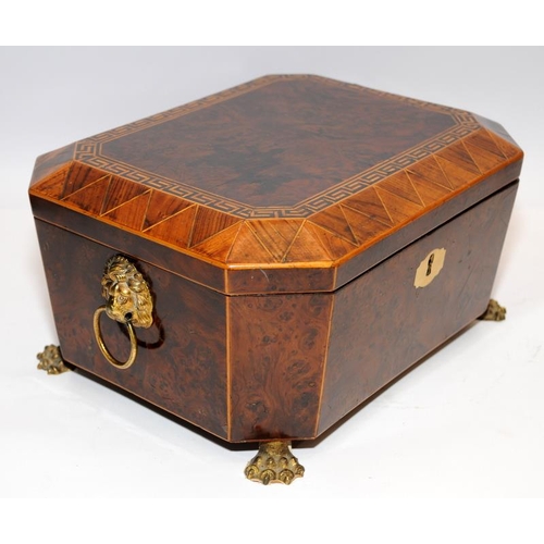 20 - Attractive Regency letter/document box with brass feet and lions head handles. Interior lined with b... 