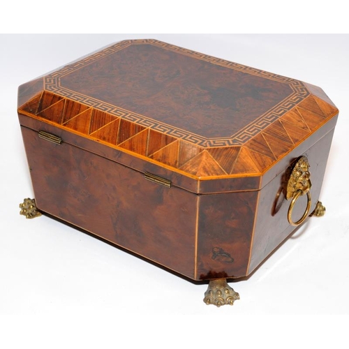 20 - Attractive Regency letter/document box with brass feet and lions head handles. Interior lined with b... 