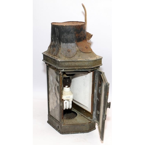 21 - Antique outdoor wall lantern of brass and glass construction converted with electric fitting. 40cms ... 