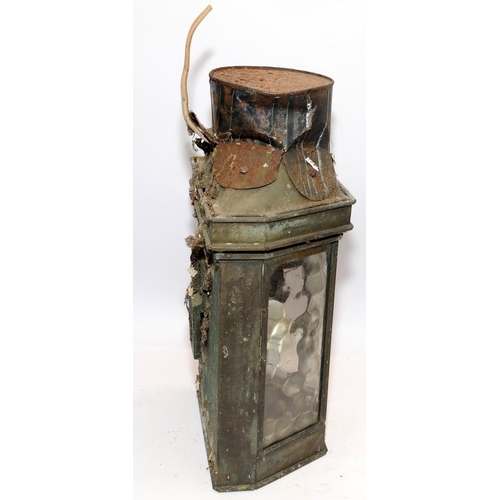 21 - Antique outdoor wall lantern of brass and glass construction converted with electric fitting. 40cms ... 