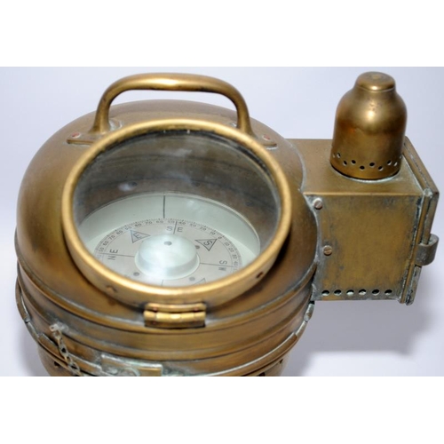 5 - Antique ship's brass gimbal mounted binnacle compass with integrated oil lamp. Ref: Patt 01151A Comp... 