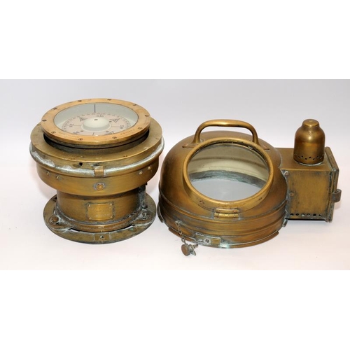 5 - Antique ship's brass gimbal mounted binnacle compass with integrated oil lamp. Ref: Patt 01151A Comp... 