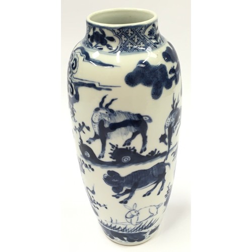 48 - Possible 19th Century Chinese oriental blue and white porcelain vase decorated with images of animal... 