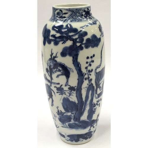 48 - Possible 19th Century Chinese oriental blue and white porcelain vase decorated with images of animal... 