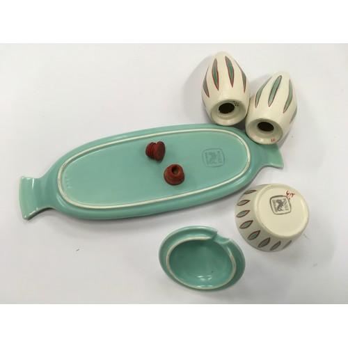 234 - Poole Pottery Freeform GBG ashtray together with a UIT cruet set, cucumber dish, Peggy Angus Carter ... 