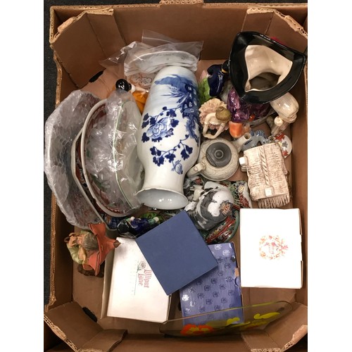 77 - Two boxes containing mixed chinaware and collectables to include oriental pieces and Lilliput Lane h... 