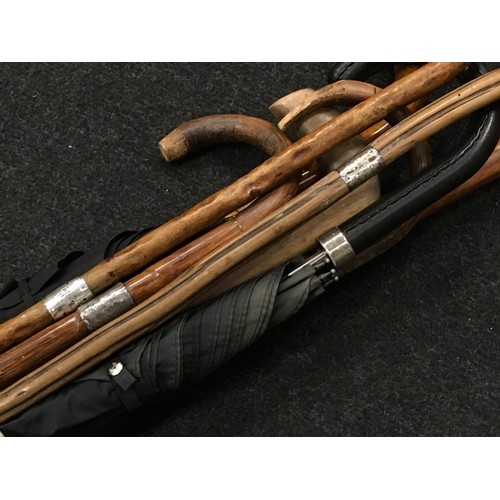 5 - Selection of walking canes 3 with silver collars together with an umbrella.