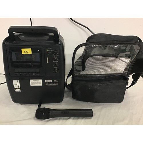 577 - PULSE MEGAMOUTH. Portable 20w wireless PA system with carry case and radio microphone. Powers on whe... 