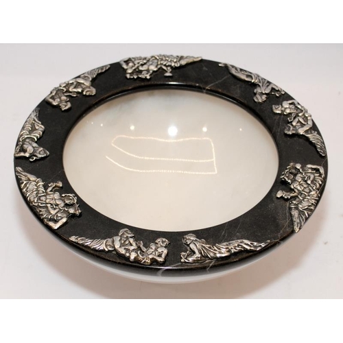 459 - Vintage alabaster bowl with a black marble rim decorated with cast sterling silver classical figures... 