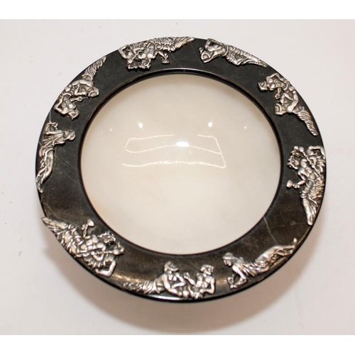 459 - Vintage alabaster bowl with a black marble rim decorated with cast sterling silver classical figures... 