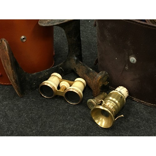 46 - Mixed lot to include cast metal shoe last, two pairs of cased binoculars, opera glasses etc.