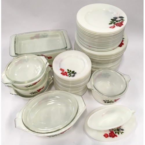 106 - Pyrex JAJ June Rose vintage dinner service to include casserole dishes, dinner plates, side plates e... 